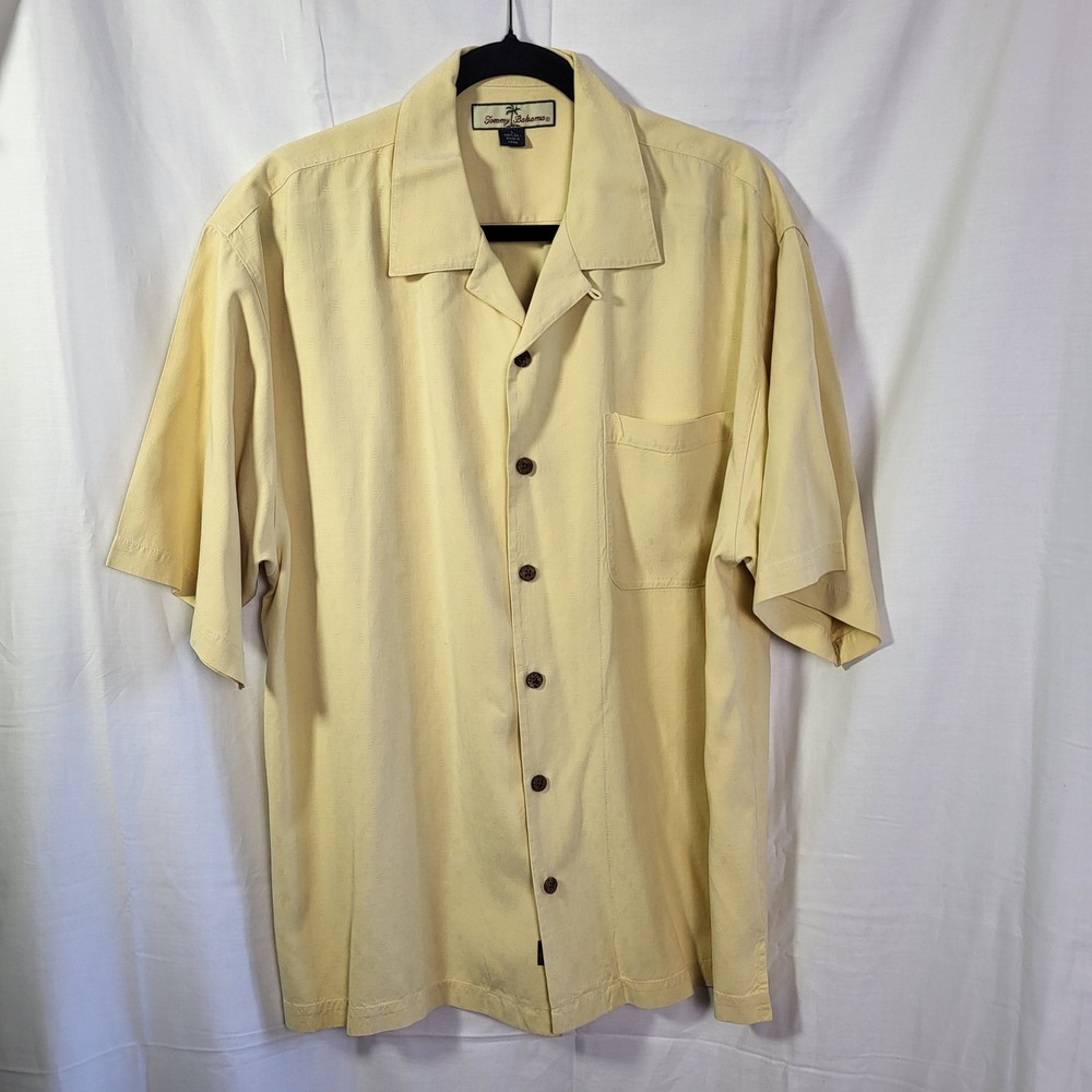 Tommy‎ Bahama Relax Mens Large Yellow Silk Jacquard Short Sleeve Camp Shirt 494
